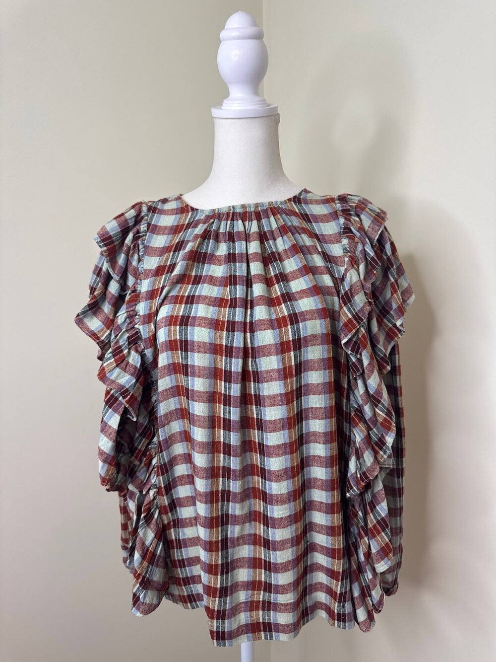 V.DE.VINSTER. 100% Silk Plaid Silk Ruffle Top Size Small Red Blue White